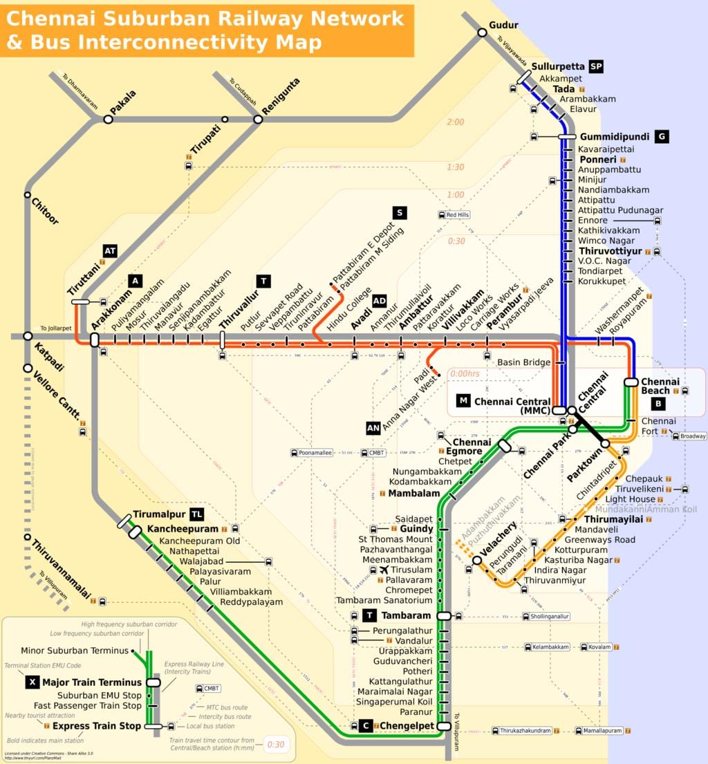 Chennai carte de la ville avec les lignes de bus