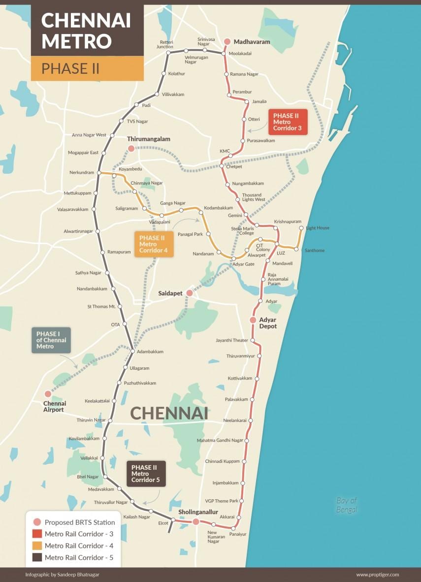 le rail de métro de Chennai carte de la route de la phase 2